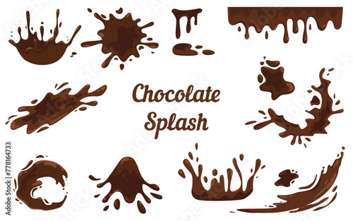 Set of  chocolate splash  liquid chocolate falling down  Isolated drops of cocoa chocolate in white background 