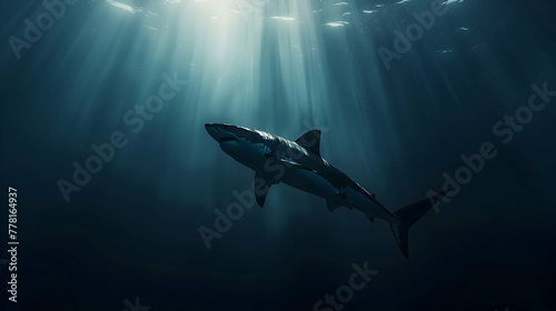 The ominous silhouette of a great white shark lurking in the shadows, its sleek form blending seamlessly into the depths of the ocean, with copy space above for added drama photo