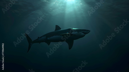 The ominous silhouette of a great white shark lurking in the shadows, its sleek form blending seamlessly into the depths of the ocean, with copy space above for added drama