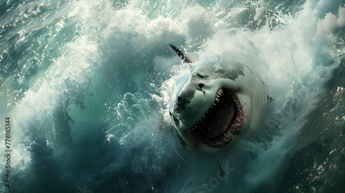 The raw power of a great white shark in motion, captured in a dynamic composition, with turbulent waters and swirling currents adding an element of suspense to the scene photo