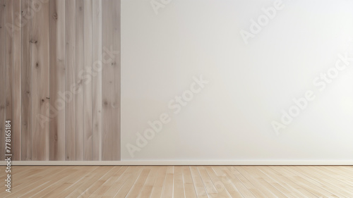 wall in a room where a smaller section is tall pale wood boards, while the larger area is white painted drywall, a contrasting pine floor; background, product, or advertising asset photo