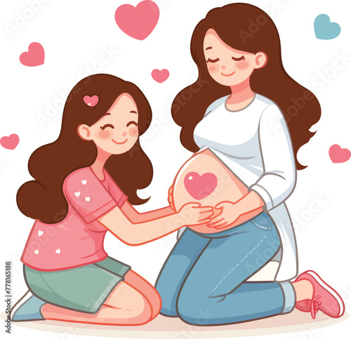 Pregnant woman and her daughter hugging belly with hand. A pregnant mother thinking about her baby.