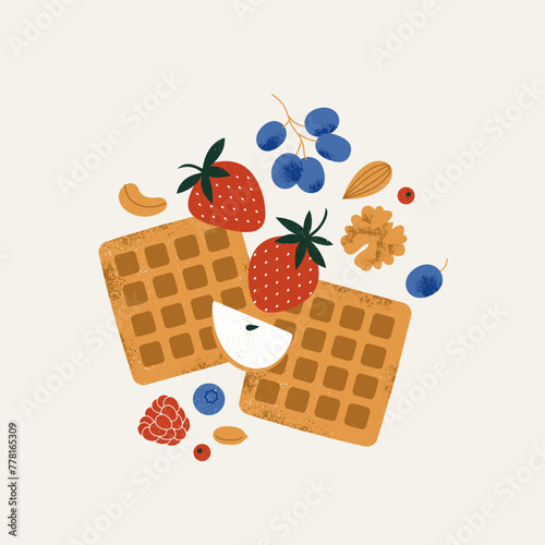 Waffle with fresh berries and nuts. Food retro style illustration. Vector illustration