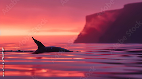 The silhouette of a narwhal against the vibrant hues of a sunset sky, casting a magical glow over the calm waters, creating a dreamy atmosphere with blurred coastal cliffs in the distance © MistoGraphy