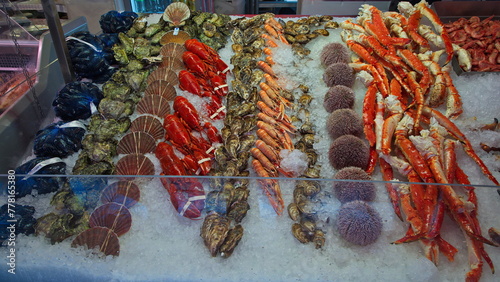 Seafood on the fish maarket in Bergen in Norway, Europe
