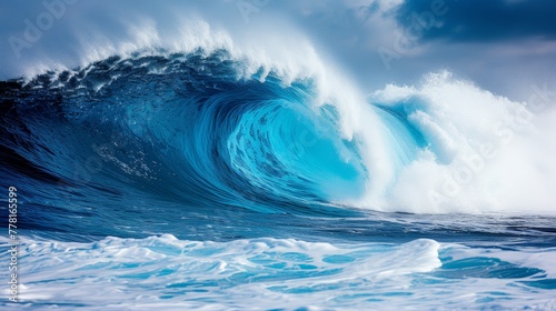 a large wave in the middle of a body of water with a blue sky in the background and white clouds in the sky.