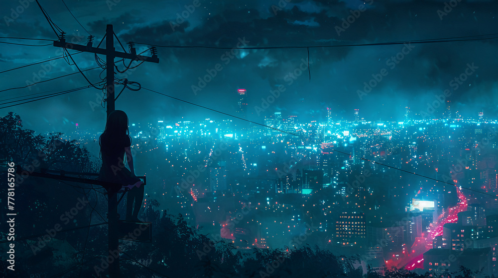 a girl sitting on a utility pole in the middle of the picture, with a city night view and high-rise buildings behind her. AI generative