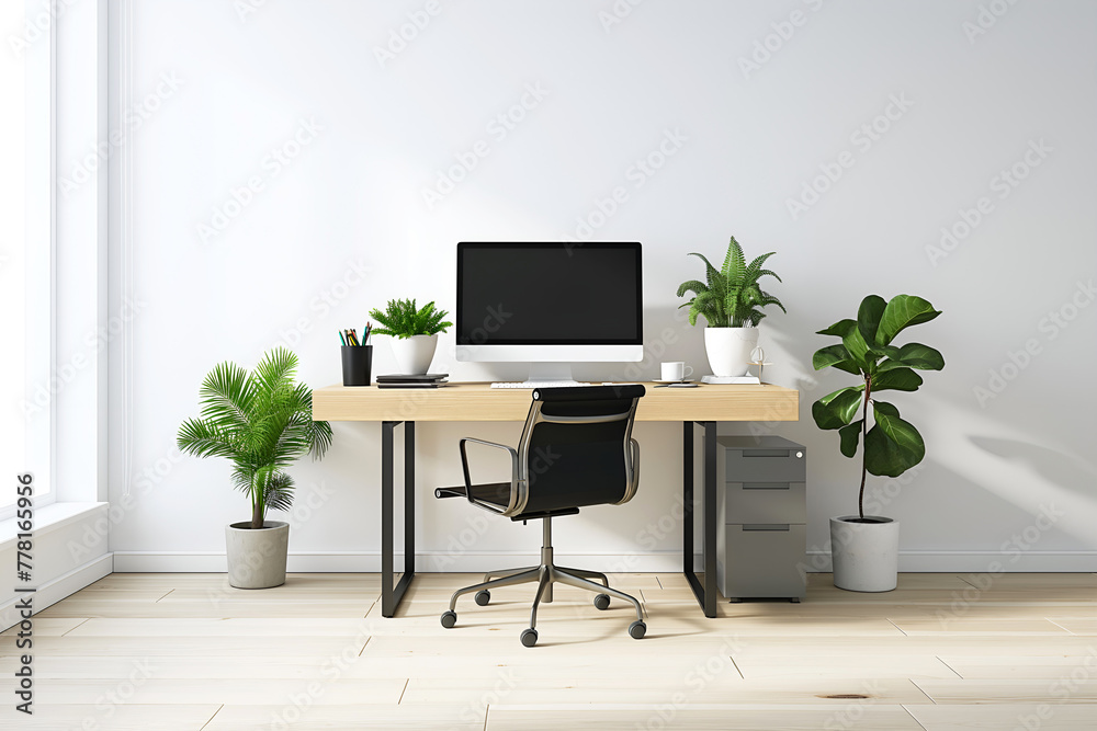Office Space Room, Empty Wall Mockup In White Room With Wooden Office Desk And Office Chair, 3d Render Real Room Template Office Space Room, Empty Wall Mockup In White Room With Wooden Office Desk And Office Chair, 3d Render Real Room Template