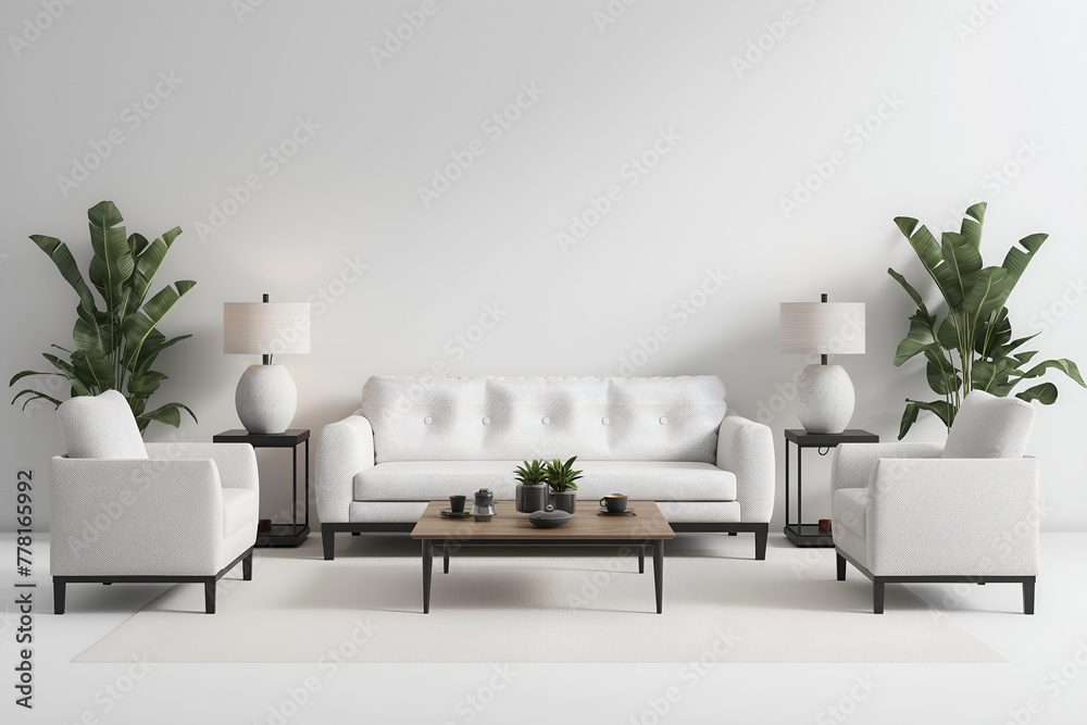 Interior Living Room, Empty Wall Mockup In White Room With White Sofa And Green Plants, 3d Render Real Room Template Interior Living Room, Empty Wall Mockup In White Room With White Sofa And Green Plants, 3d Render Real Room Template