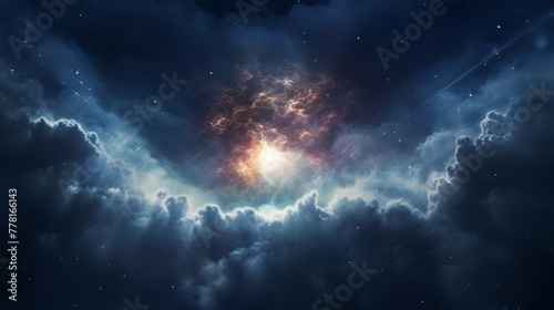A celestial object surrounded by cosmic clouds