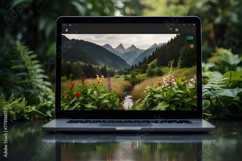 An image of a nature landscape displayed on a laptop or smartphone screen  surrounded by green plants and flowers  symbolizing the integration of technology with Generative AI