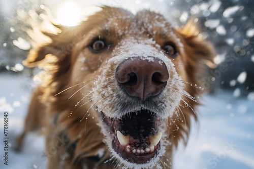 Closeup portrait of happy golden retriever dog with snow in winter forest.