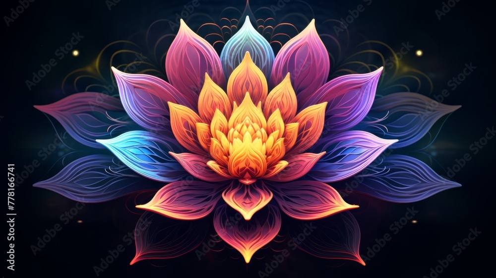 A colorful mandala with a lotus flower at its center