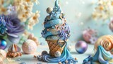 Enchanting D Clay Fantasy Themed Ice Cream Cone with Magical Elements and Ethereal Colors