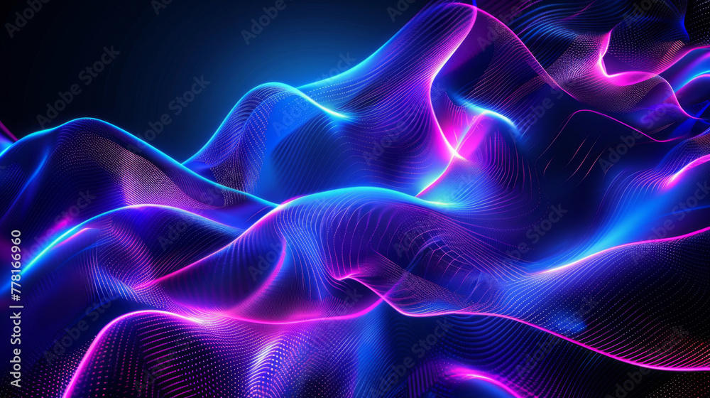 Vivid neon light waves with glowing particles on a dark backdrop