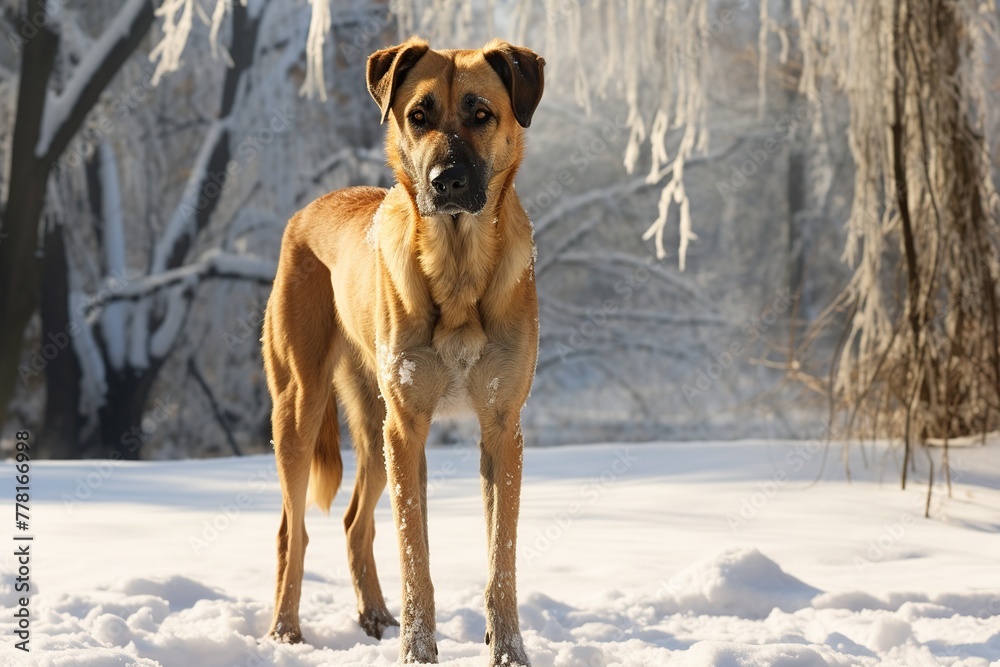 Portrait of a purebred dog in the winter forest on a sunny day