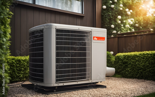 Air source heat pump outdoor unit in a house garden