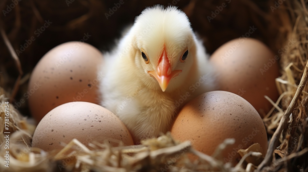 Cute little chicken in nest with eggs on light background, closeup