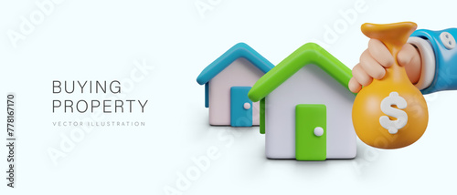 Realistic houses in cartoon style, hand with bag of money