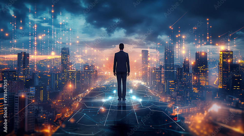Business man on future network city Business man on future network city