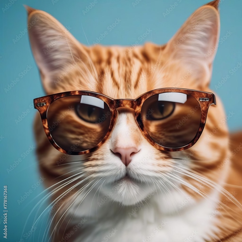red cat, very smart and well-read, wearing large and heavy glasses on a blue background