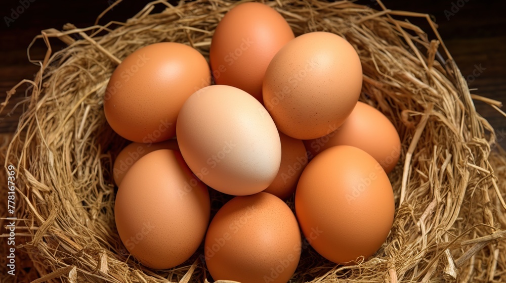 Eggs in a nest on a wooden background. Fresh eggs. Eggs in a nest on a wooden background. Fresh eggs.