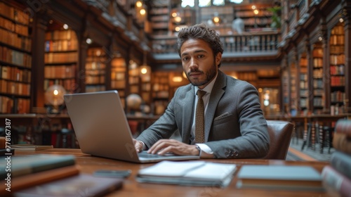 a man in a suit sitting at a table with a laptop in front of him in a library full of books.