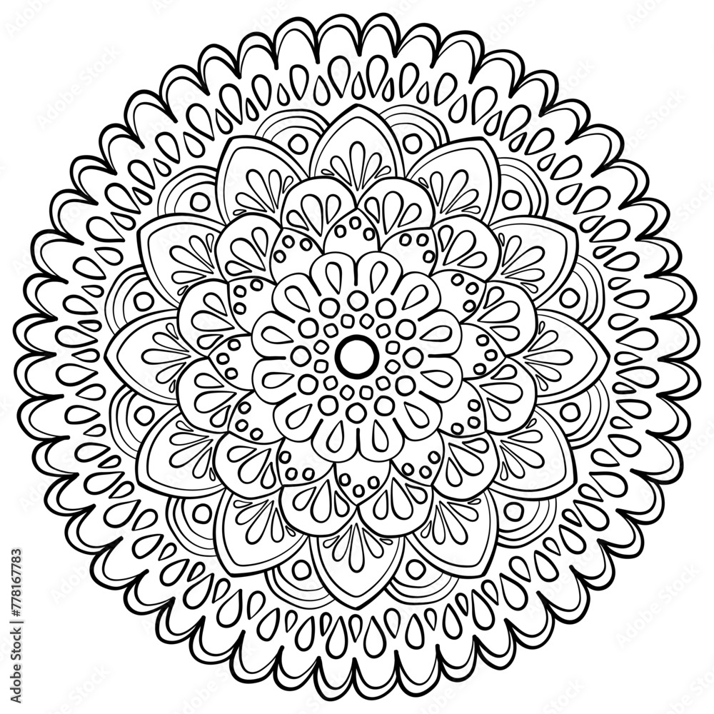 Fantasy mandala with drops and circles, round coloring page for activity and design Fantasy mandala with drops and circles, round coloring page for activity and design