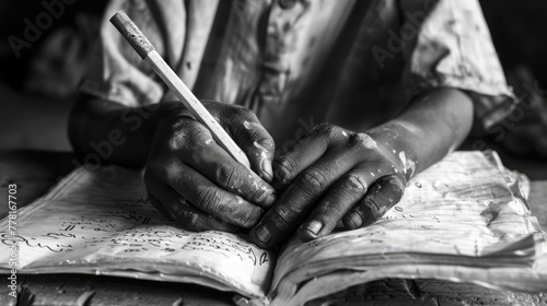A touching image in monochrome showing a child moving from labor to learning, with calloused hands now grasping a book and pencil on World Day Against Child Labour photo