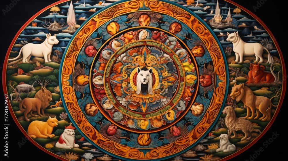 A mandala featuring a tibetan style mandala with animals