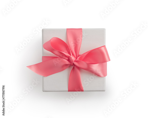 Top view of white paper present box with pink ribbon isolated on white background