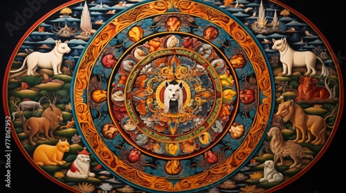 A mandala featuring a tibetan style mandala with animals photo