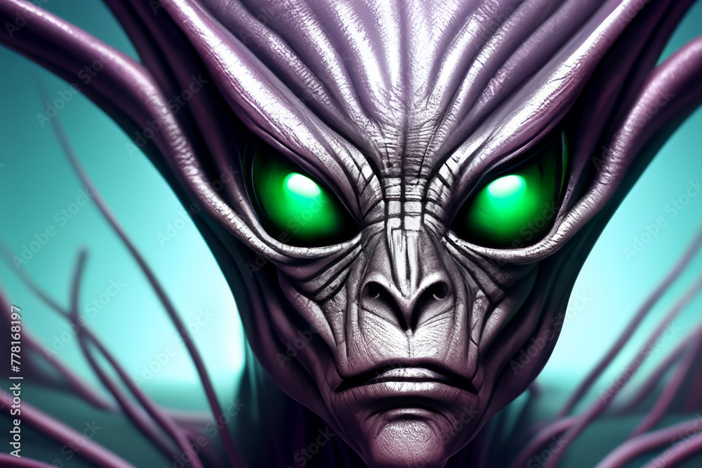 Alien. Alien with a flying saucer at his side. Alien and UFO. Alien in space. Fantasy. 3d rendering of an alien with a spaceship in the background. Futuristic spaceship flying in the night sky. 