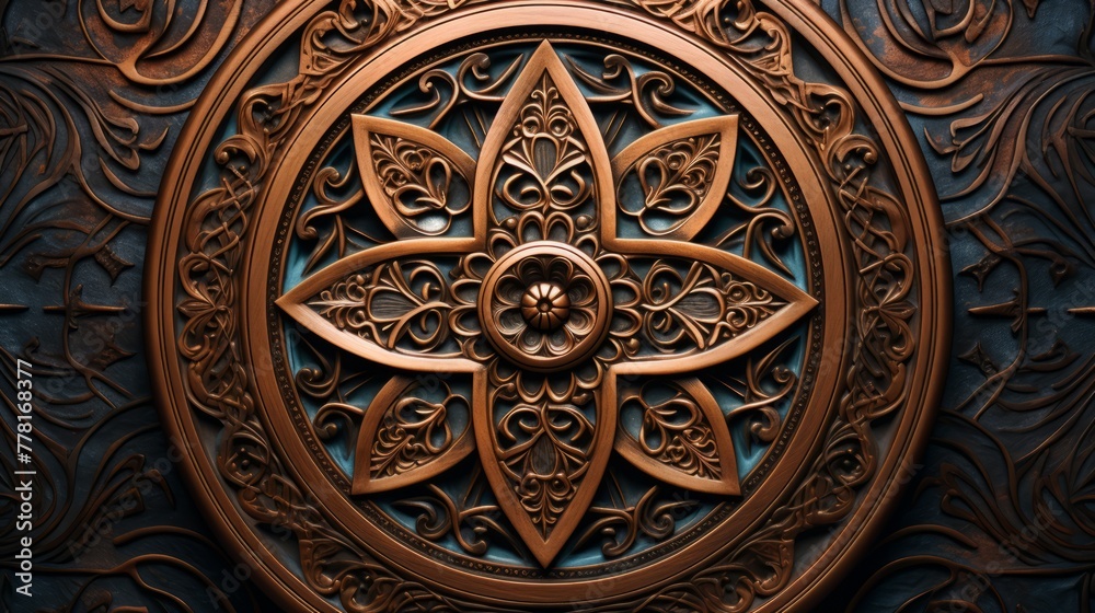 A mandala in shades of copper with intricate knotwork