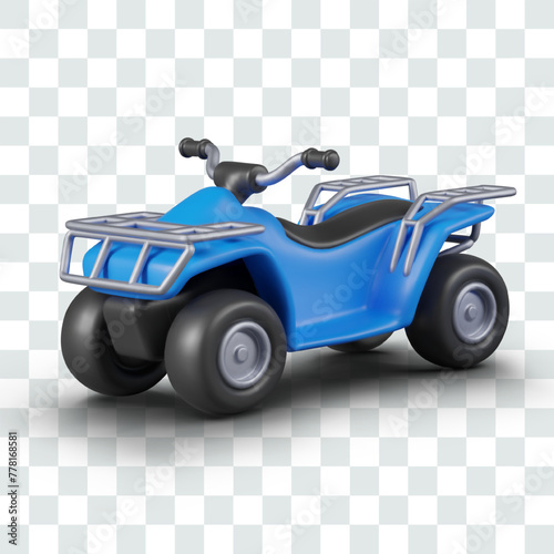 Blue realistic quad bike on white background. Detailed isolated image of ATV