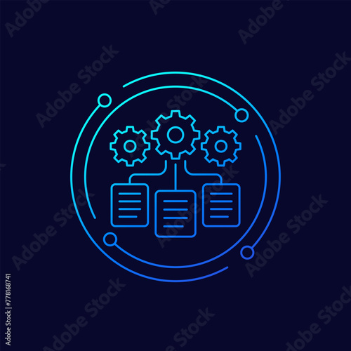 data management icon with documents and gears, linear design