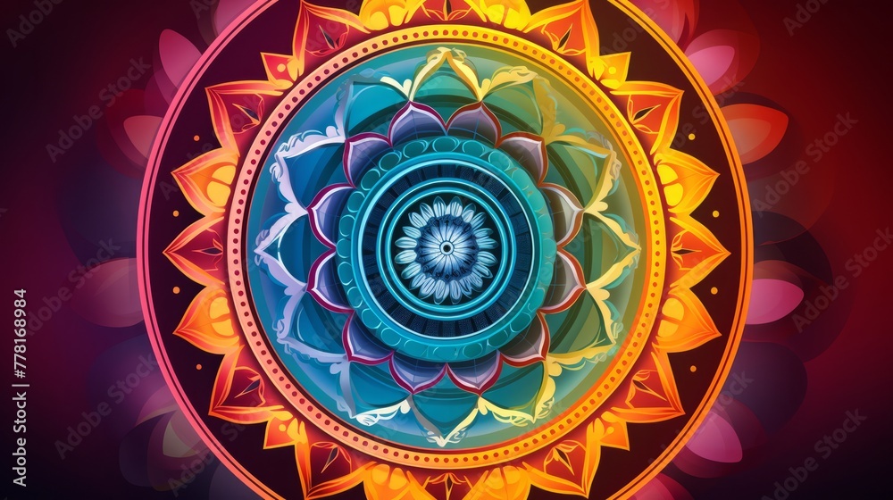 A mandala with chakra symbols and vibrant colors