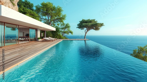 a large swimming pool next to a wooden deck with a tree in the middle of it and a view of the ocean. © Mikus