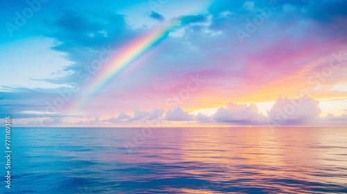 A rainbow stretching across a serene ocean horizon © Cloudyew