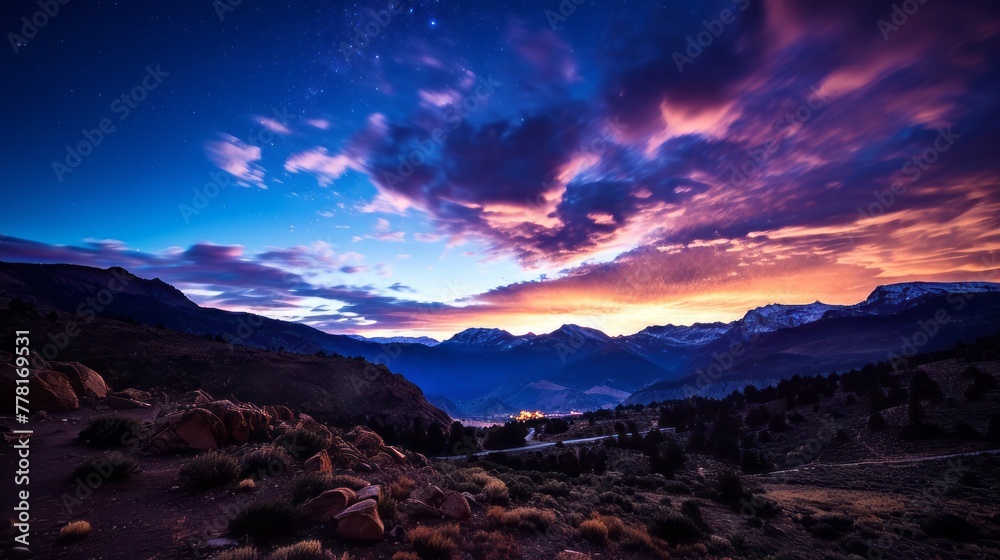 Stunning sunset over the majestic mountain range with picturesque clouds Stunning sunset over the majestic mountain range with picturesque clouds