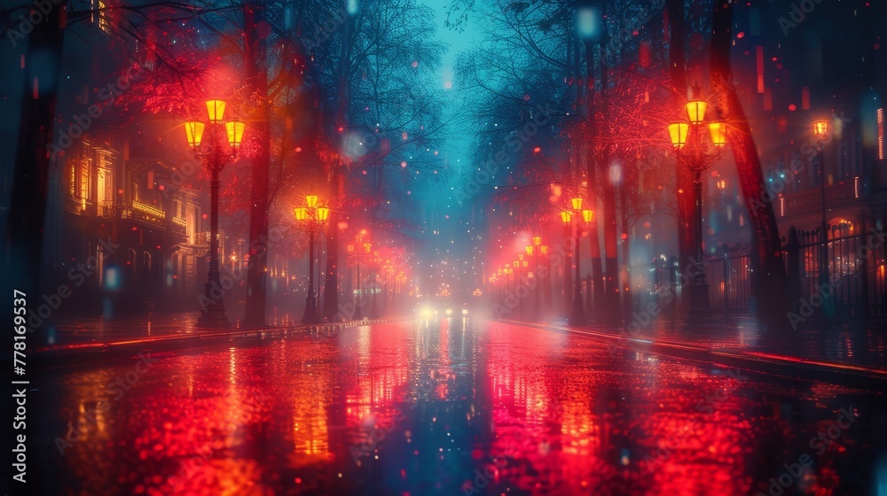 a city street at night with a street light reflecting in the wet surface of the wet surface of the street.