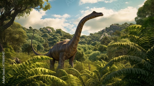 A towering brachiosaurus grazing on lush jurassic vegetation © Cloudyew