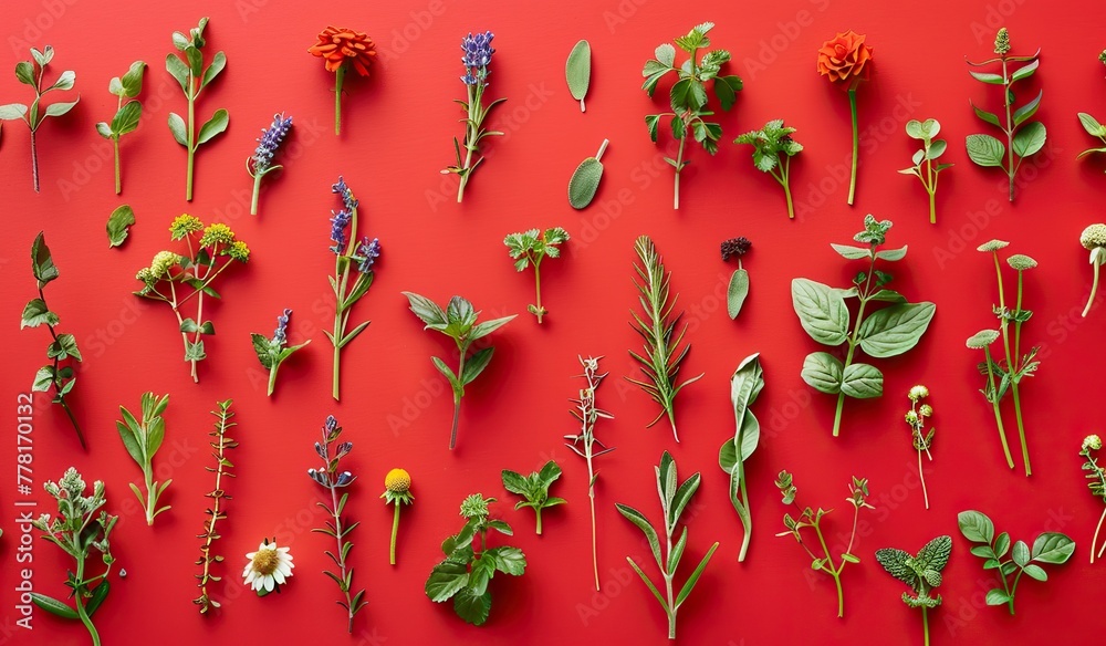 © volga - Variety of plants on a red background. The concept of botany and design. © volga - Variety of plants on a red background. The concept of botany and design.