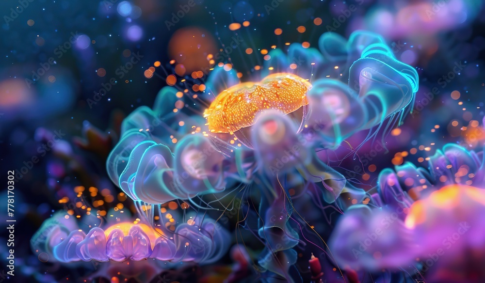 Obraz premium Bright neon-style jellyfish on a dark background. The concept of the underwater world and bioluminescence.
