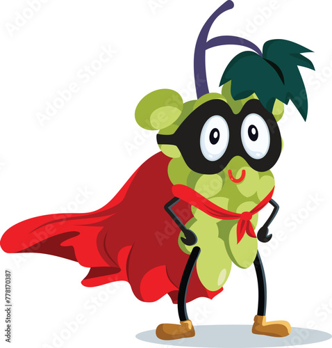 Superhero Grape Wearing a Mask and Cape Vector Cartoon Character. Happy cheerful strong fruit as a brave mascot 
