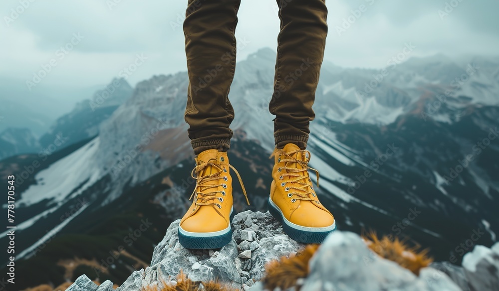 Yellow boots against a mountain landscape. The concept of travel and exploration. Yellow boots against a mountain landscape. The concept of travel and exploration.