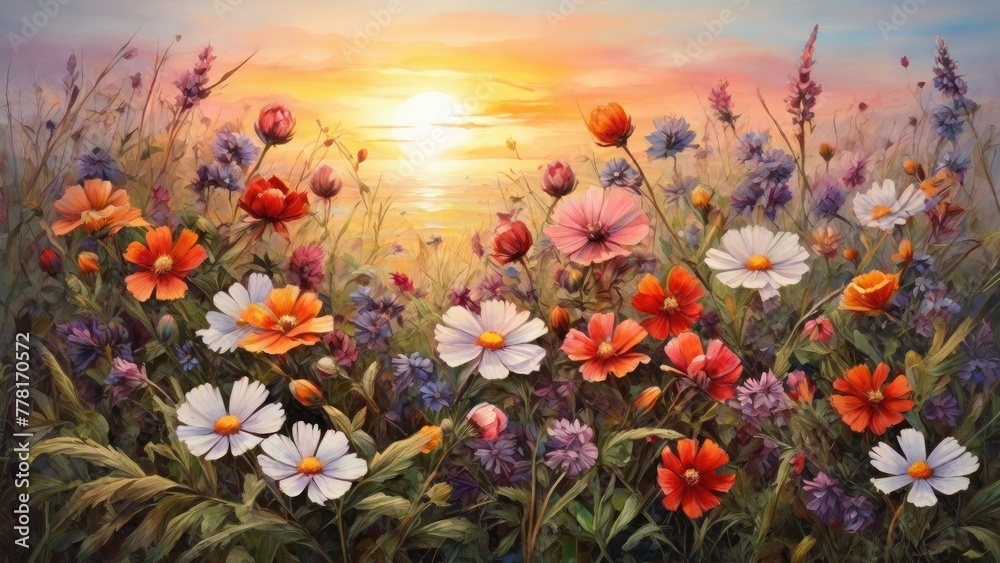 beautiful wildflowers against the background of
sunrise