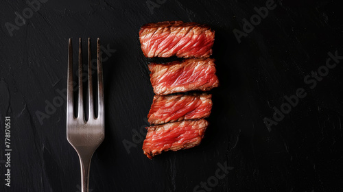 Fork with slices of beef steak medium rare, black clean background. Aesthetic restaurant concept. Generative AI