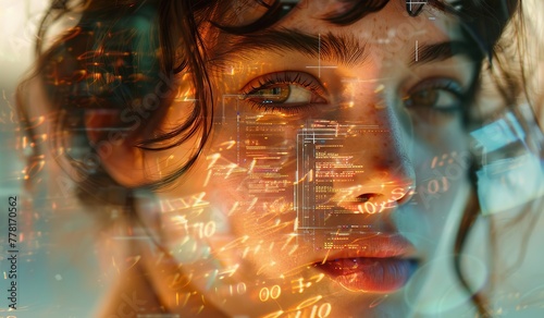 Woman's face and data visualization. The concept of the digital world and analytics.