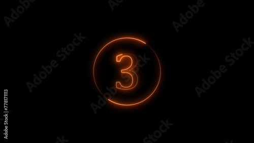 Abstract digital top three countdown circle orange color illustration. Orange circle Neon light 3 number black background 4k illustration.